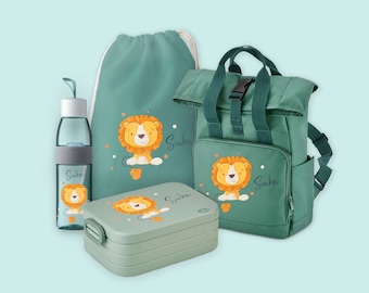 Set backpack roll-top with bento lunch box, jute bag & drinking bottle Ellipse in Sage Green with name and motif lion with dots