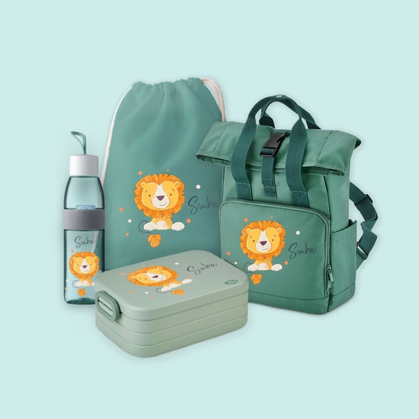 Set backpack roll-top with bento lunch box, jute bag & drinking bottle Ellipse in Sage Green with name and motif lion with dots