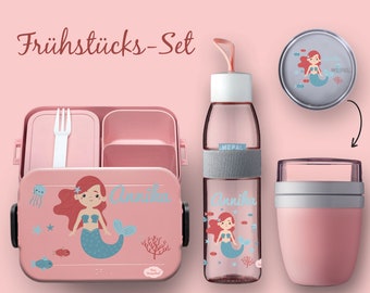 BENTO BOX Brotdose Take A Break - Trinkflasche Ellipse (für kohlensäurehaltige Getränke) - Müslibecher Nordic Pink mit Meerjungfrau