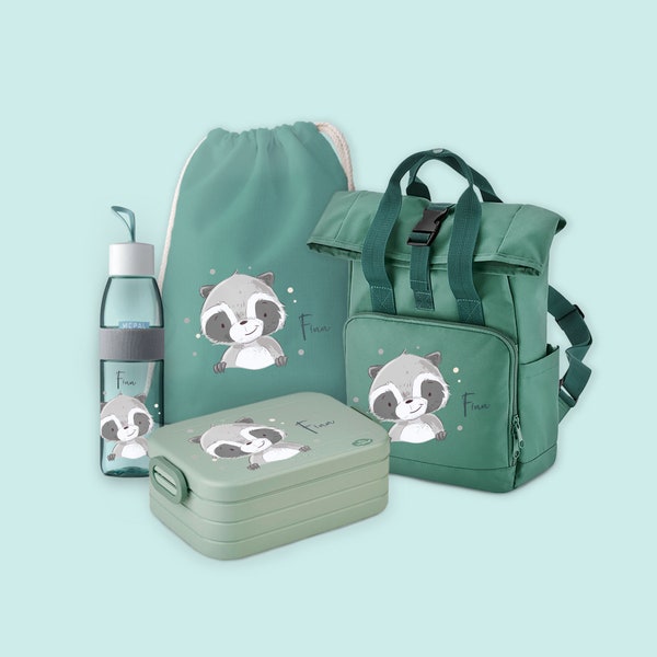 Set backpack roll-top with bento lunch box, jute bag & drinking bottle Ellipse in Sage Green with name and raccoon motif