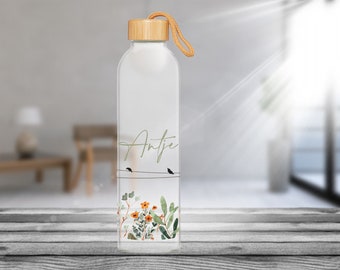 Personalisierte Trinkflasche aus Glas mit Bambusdeckel 1L Vögel