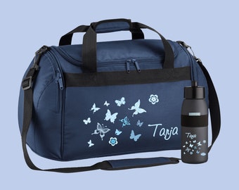 Sac de sport 26 litres en bleu marine avec nom et motif papillons