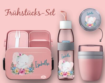 BENTO Brotdose Take A Break - Trinkflasche Ellipse (für kohlensäurehaltige Getränke) - Müslibecher in Nordic Pink Elefant mit Blumen