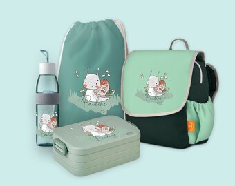 Set backpack Happy Knirps with Bento lunch box, jute bag & drinking bottle Ellipse in Sage Green with name and snail with house motif