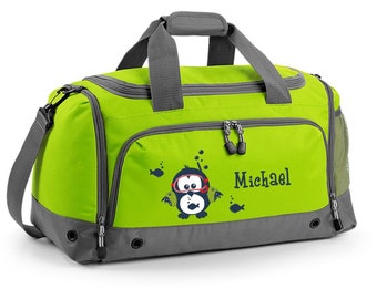 Multi-sports bag 41 liters in lime with name and motif penguin with water wings