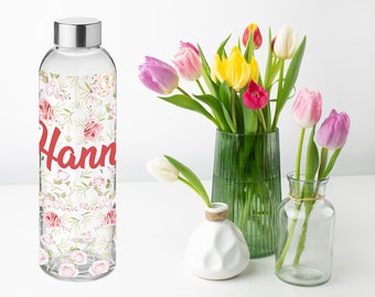 Glasflasche Luna 500ml Trinkflasche mit Name und Rosen