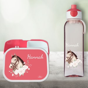 Lunch box Campus Bento Box Drinking bottle Water bottle in rose with name and motif horse head roses