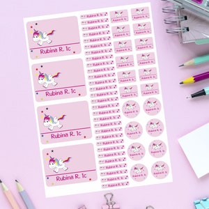 Name stickers, booklet stickers, sticker sheet, unicorn happy