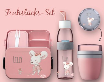 BENTO lunchbox Take A Break - drinkfles Ellipse (voor koolzuurhoudende dranken) - mueslibeker in Nordic roze muis met paddenstoel