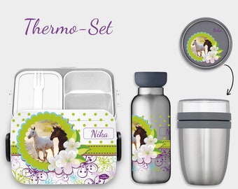 BENTO BOX Brotdose Take A Break + Thermoflasche Ellipse + Thermo-Lunchpot in Weiss mit Name und Pferdetraum