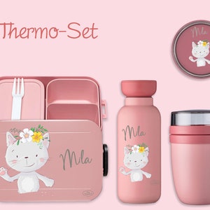 BENTO BOX Brotdose Take A Break + Thermoflasche Ellipse + Thermo-Lunchpot in Nordic Pink mit Name und Katze mit Blumenkranz