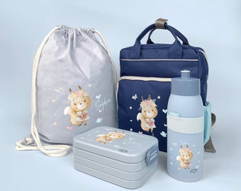 Set Rucksack Happy Style mit Bento Brotdose, Jutebeutel & Sporttrinkflasche in Navy mit Name und Motiv Eichhörnchen mit Blumenkranz