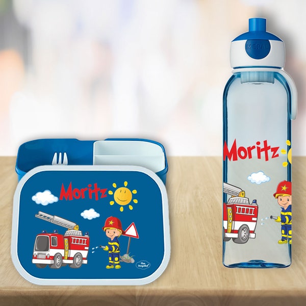 Brotdose Campus Bento Box und Wasserflasche blau mit Name und Motiv Feuerwehr