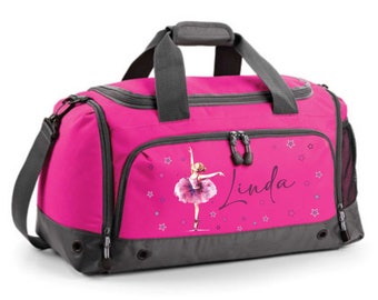 Multi-sports bag 41 liters in fuchsia with name and ballerina motif with stars