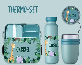 BENTO BOX Brotdose Take A Break + Thermoflasche Ellipse + Thermo-Lunchpot in Nordic Green mit Name und Motiv Giraffe und Nilpferd