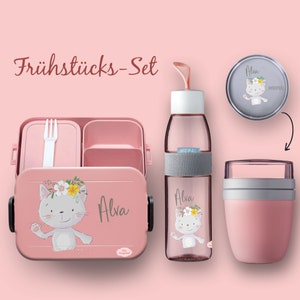 BENTO lunch box Take A Break - drinking bottle Ellipse (for carbonated drinks) - cereal cup in Nordic pink cat with flower wreath