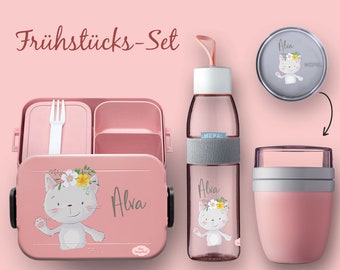 BENTO Brotdose Take A Break - Trinkflasche Ellipse (für kohlensäurehaltige Getränke) - Müslibecher in Nordic Pink Katze mit Blumenkranz