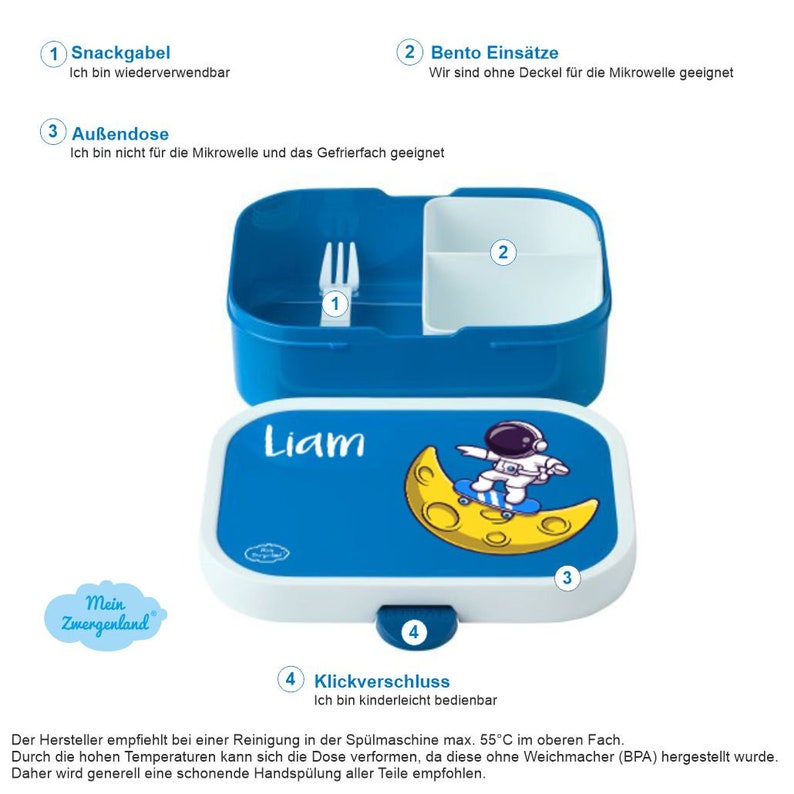Brotdose Campus Bento Box und Trinkflasche in blau mit Name und Motiv Tiger mit Punkten image 10