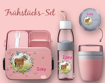 BENTO BOX Brotdose Take A Break - Trinkflasche Ellipse  - Müslibecher Nordic Pink mit Pferdewiese mit Schmetterlingen
