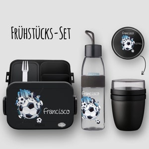 BENTO BOX lunch box Take A Break - drinking bottle Ellipse - cereal cup in Nordic Black with name and motif Football Soccer City