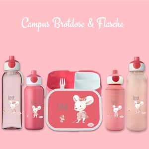 Lunch box Campus Bento Box and drinking bottle in rose with name and motif mouse with mushroom