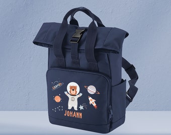 Kinderrucksack Roll-Top Recycled Navy Dusk mit Name und Motiv Astronaut Bär