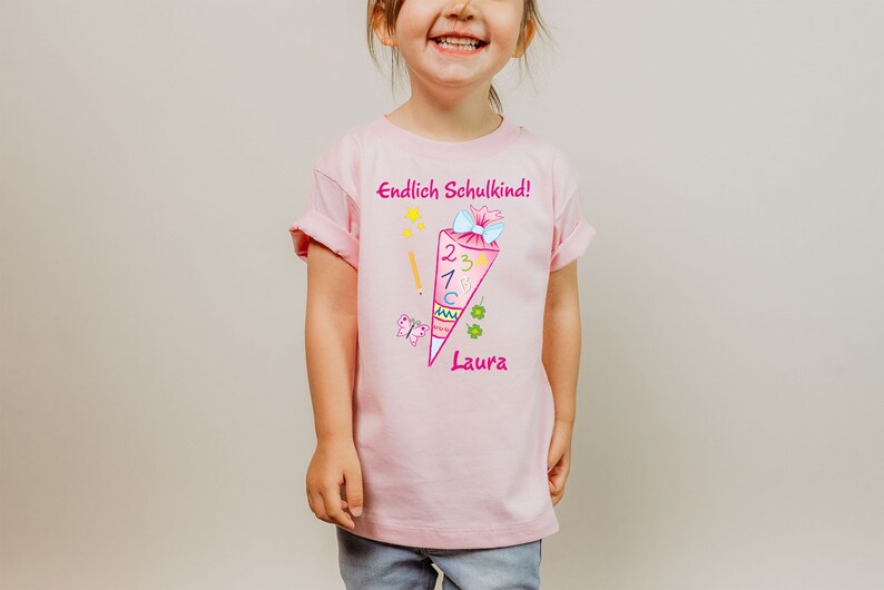 T-Shirt Schulkind in rosa mit Name und Motiv Schultüte Bild 4