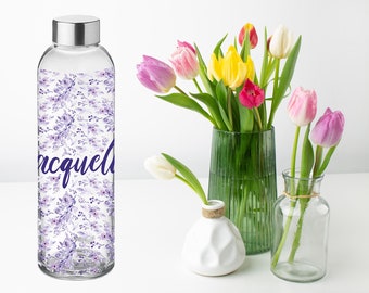 Glasflasche Luna 500ml Trinkflasche mit Name und Flower lila
