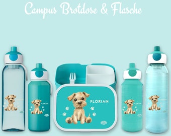 Brotdose Campus Bento Box und Trinkflasche in türkis mit Name und Motiv Hund