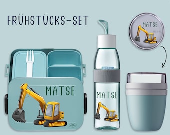 BENTO lunch box Take A Break drinking bottle Ellipse (for carbonated drinks) + cereal cup in Nordic Green with excavator