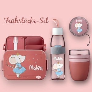 BENTO BOX Lunch box Take A Break - Ellipse drinking bottle (for carbonated drinks) - Cereal cup Vivid Mauve Mouse Princess