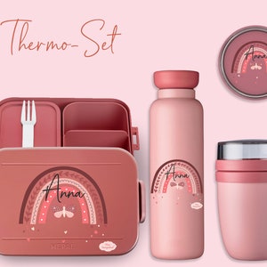 BENTO BOX Brotdose Take A Break + Thermoflasche Ellipse + Thermo-Lunchpot in Mauve Pink mit Name und Regenbogen Schmetterling