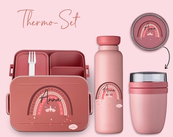 BENTO BOX Brotdose Take A Break + Thermoflasche Ellipse + Thermo-Lunchpot in Mauve Pink mit Name und Regenbogen Schmetterling