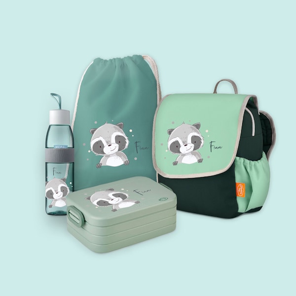 Set backpack Happy Knirps with bento lunch box, jute bag & drinking bottle Ellipse in Sage Green with name and raccoon motif
