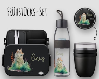 BENTO BOX Take A Break lunch box - Ellipse drinking bottle - cereal cup in Nordic black with name and wolf motif