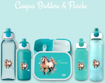 Brotdose Campus Bento Box und Trinkflasche in türkis mit Name und Motiv Pferd Watercolor mit Blumen