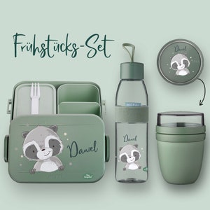 Bento lunch box Take A Break + Ellipse drinking bottle (for carbonated drinks) + cereal cup in Nordic Sage with raccoon