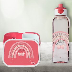 Lunch box Campus Bento box and water bottle in rosé with name and rainbow butterfly motif