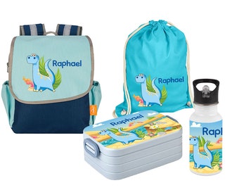 Set 5 Rucksack Happy Knirps NEXT mit Brotdose, Jutebeutel & Edelstahl Trinkflasche in Blau mit Name und Motiv Dino