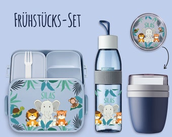 BENTO lunchbox Take A Break drinkfles Ellipse (voor koolzuurhoudende dranken) + mueslibeker in Nordic denim motief leeuw olifant tijger