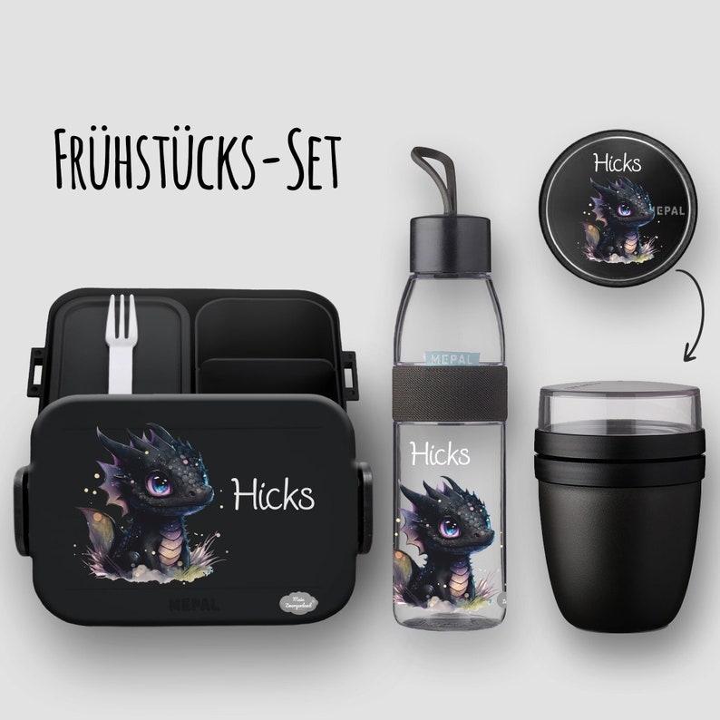 BENTO BOX Brotdose Take A Break Trinkflasche Ellipse Müslibecher in Nordic Black mit Name und Motiv Drachenbaby Bild 1