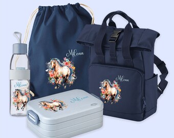 Set backpack roll-top with bento lunch box, jute bag & drinking bottle Ellipse in Navy Dusk with name and motif horse watercolor flowers
