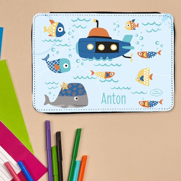 Trousse personnalisée avec prénom et motif poisson sous-marin