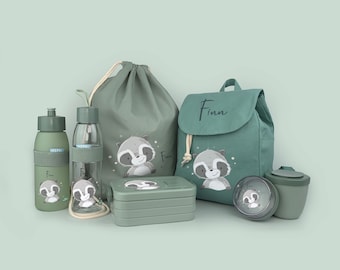 Mini Rucksack SET in der Farbe MINT mit dem Motiv Waschbär