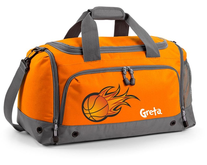 Sac multisports 41 litres orange avec nom et motif boule de feu basket nur Sporttasche