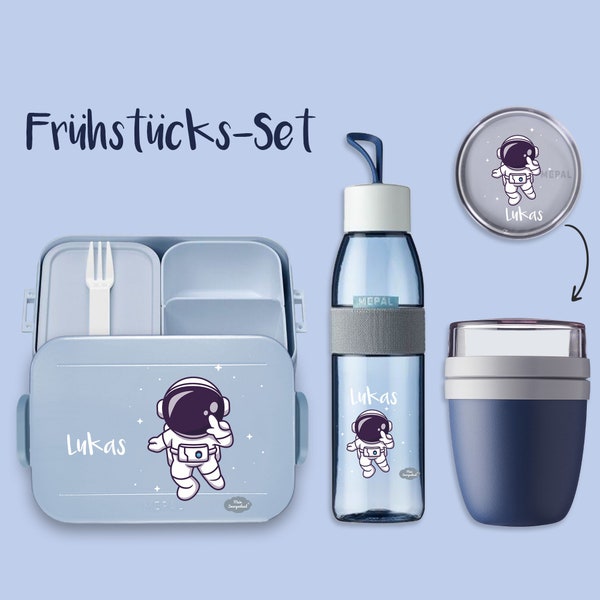 BENTO BOX Brotdose Take A Break - Trinkflasche Ellipse (für kohlensäurehaltige Getränke) - Müslibecher Nordic Denim mit Astronaut Sterne