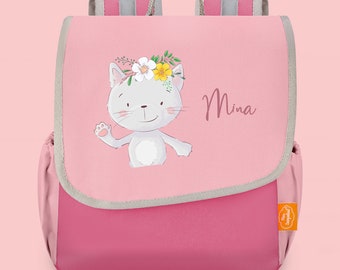 Kindergartenrucksack Happy Knirps NEXT in Rosa mit Name und Motiv Katze mit Blumenkranz