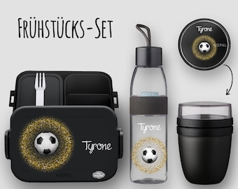 BENTO BOX Brotdose Take A Break - Trinkflasche Ellipse - Müslibecher in Nordic Black mit Name und Motiv Fußball Party