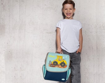 Kindergartenrucksack Happy Knirps NEXT in Blau mit Name und Motiv Bagger Baustelle