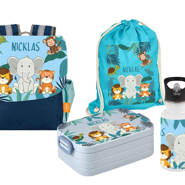 Set 5 backpack Happy Knirps NEXT print with lunch box, jute bag & stainless steel drinking bottle in blue with name and motif lion elephant tiger